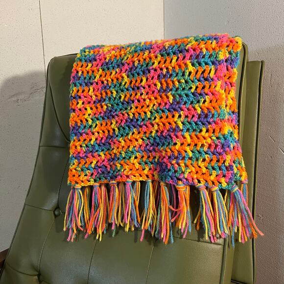 Vintage Other - Vintage Crochet Throw Blanket Handmade Granny Funky‎ Bright Neon Rainbow
